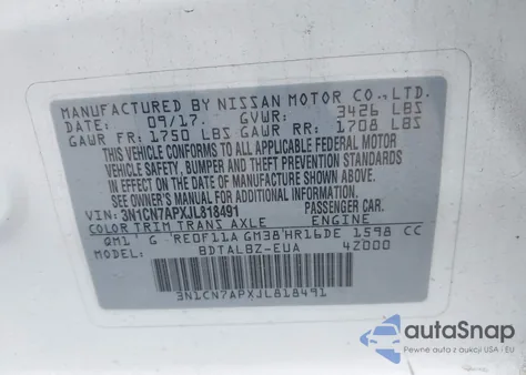 2018 Nissan Versa 1.6 Sv из США, поврежденный, VIN 3N1CN7APXJL818491